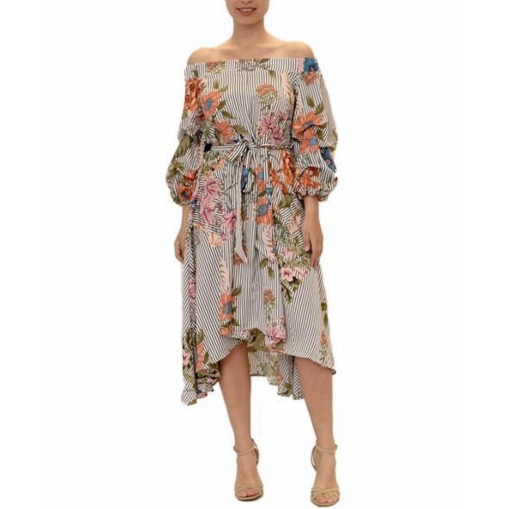 Gracia Floral Stripe Puff Sleeve Belted‎ High-Low Midi Dress M Boho Euro Summer
